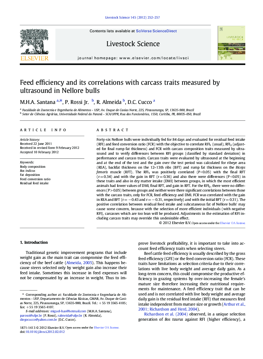 Feed efficiency and its correlations with carcass traits measured by ultrasound in Nellore bulls