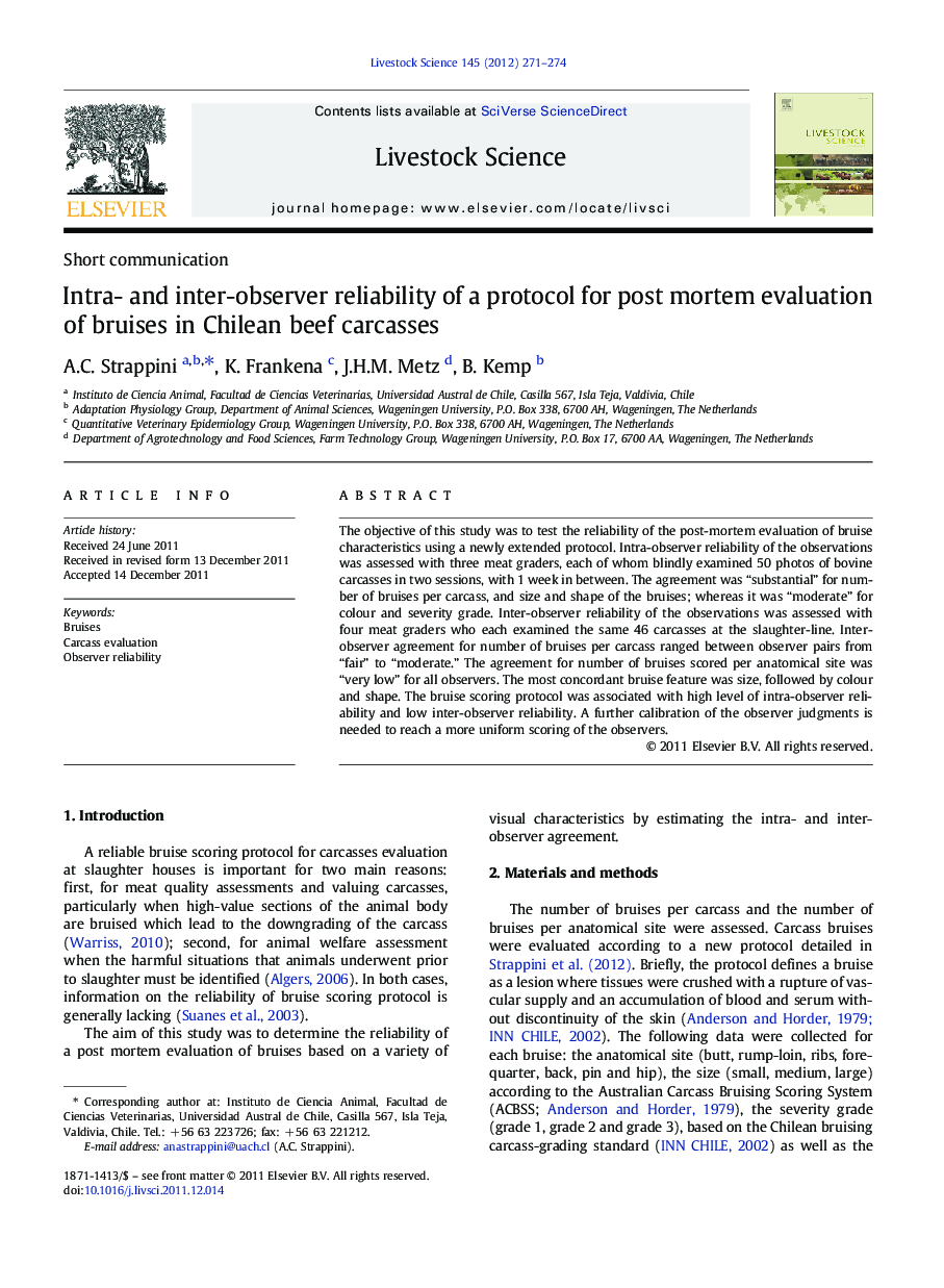 Intra- and inter-observer reliability of a protocol for post mortem evaluation of bruises in Chilean beef carcasses