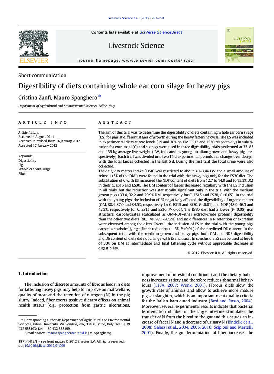 Digestibility of diets containing whole ear corn silage for heavy pigs