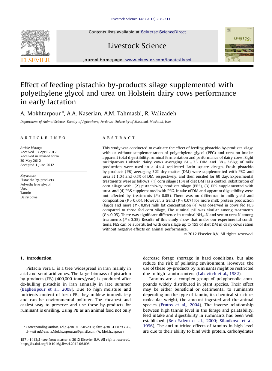 Effect of feeding pistachio by-products silage supplemented with polyethylene glycol and urea on Holstein dairy cows performance in early lactation