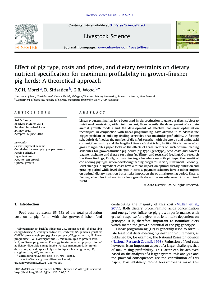 Effect of pig type, costs and prices, and dietary restraints on dietary nutrient specification for maximum profitability in grower-finisher pig herds: A theoretical approach