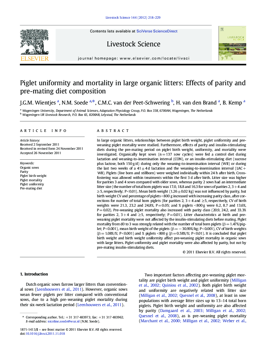 Piglet uniformity and mortality in large organic litters: Effects of parity and pre-mating diet composition