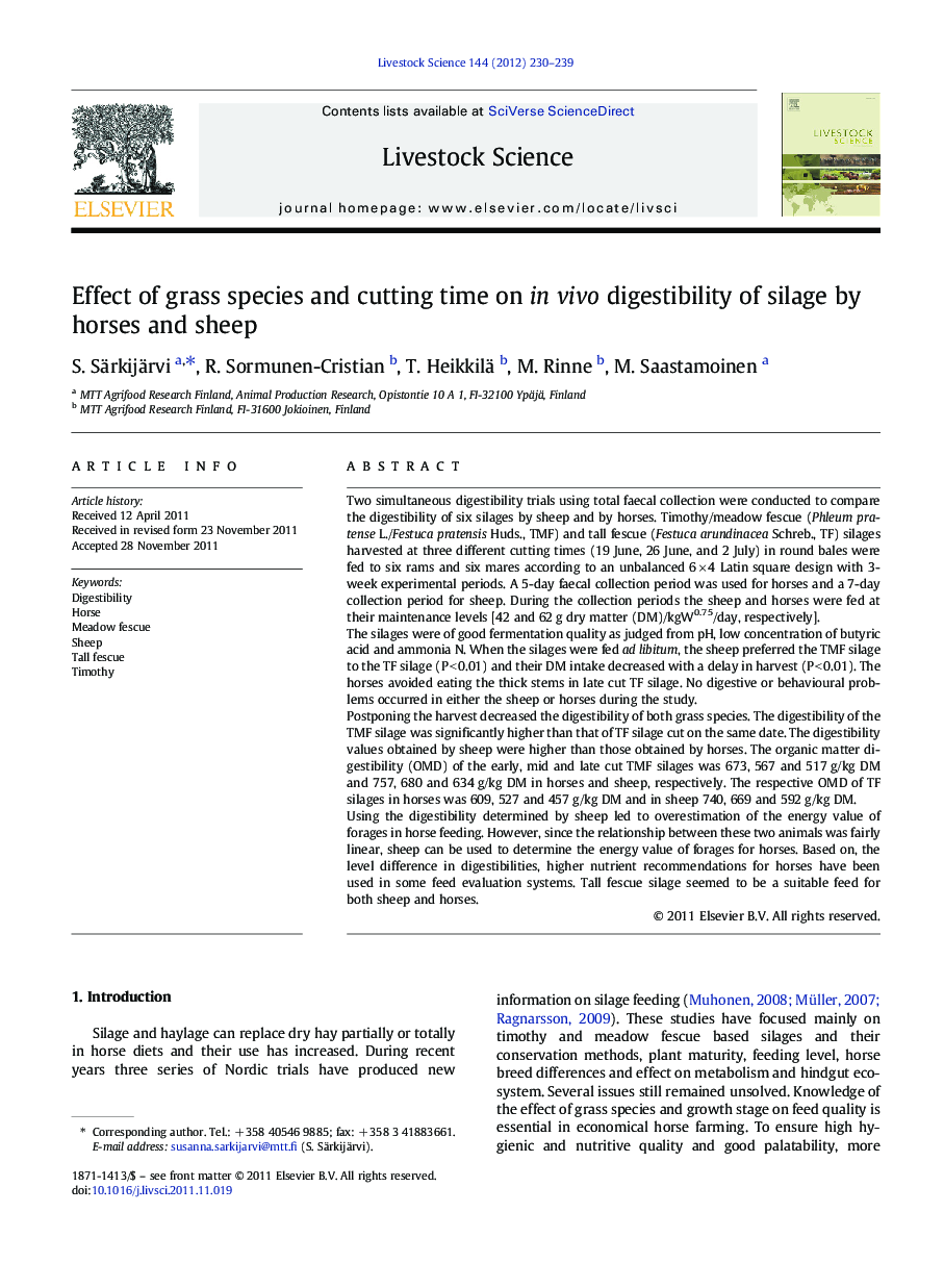 Effect of grass species and cutting time on in vivo digestibility of silage by horses and sheep