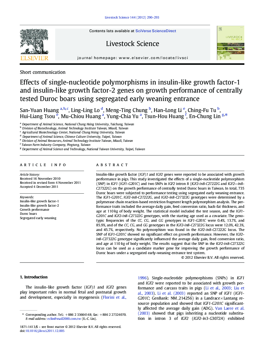 Effects of single-nucleotide polymorphisms in insulin-like growth factor-1 and insulin-like growth factor-2 genes on growth performance of centrally tested Duroc boars using segregated early weaning entrance