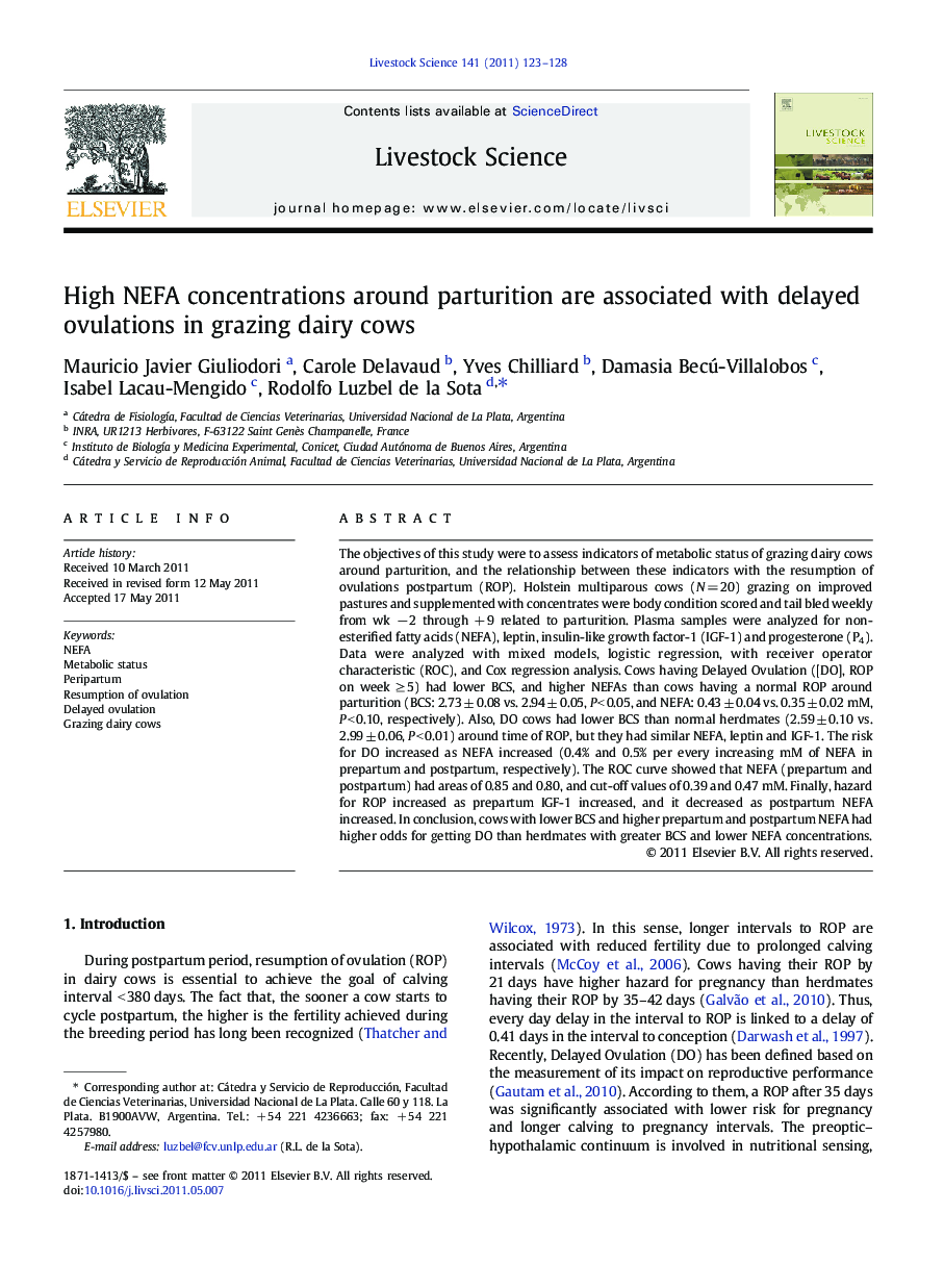 High NEFA concentrations around parturition are associated with delayed ovulations in grazing dairy cows