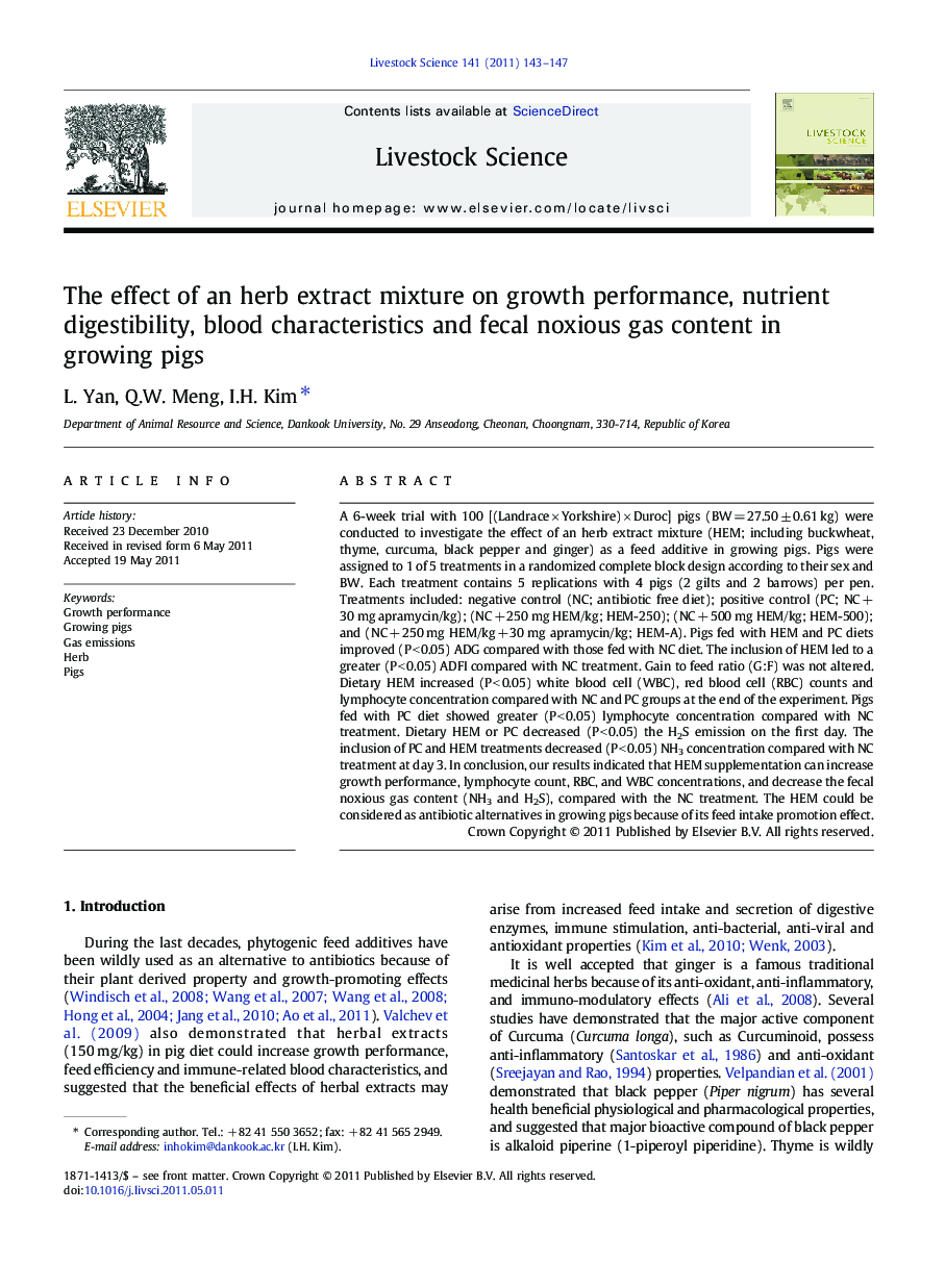 The effect of an herb extract mixture on growth performance, nutrient digestibility, blood characteristics and fecal noxious gas content in growing pigs