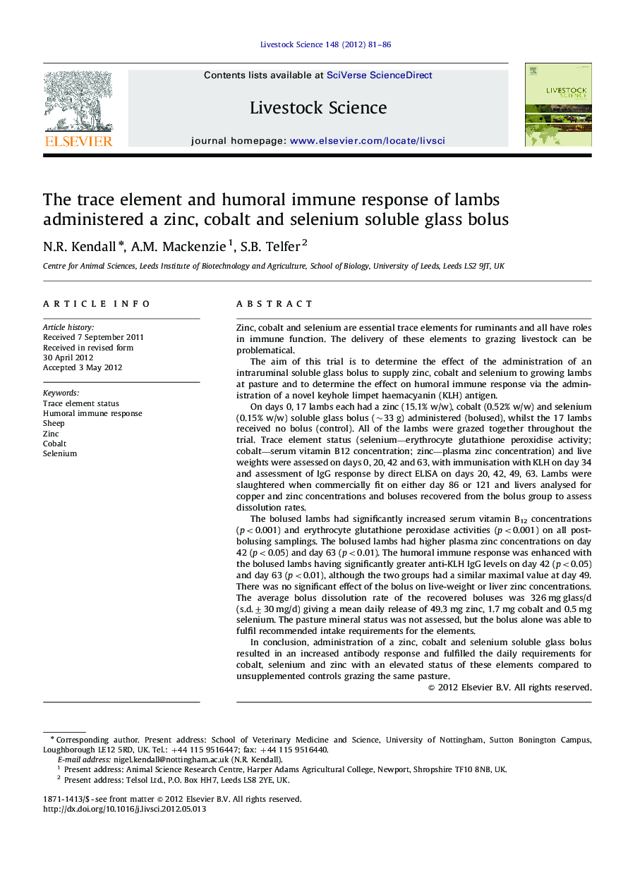 The trace element and humoral immune response of lambs administered a zinc, cobalt and selenium soluble glass bolus