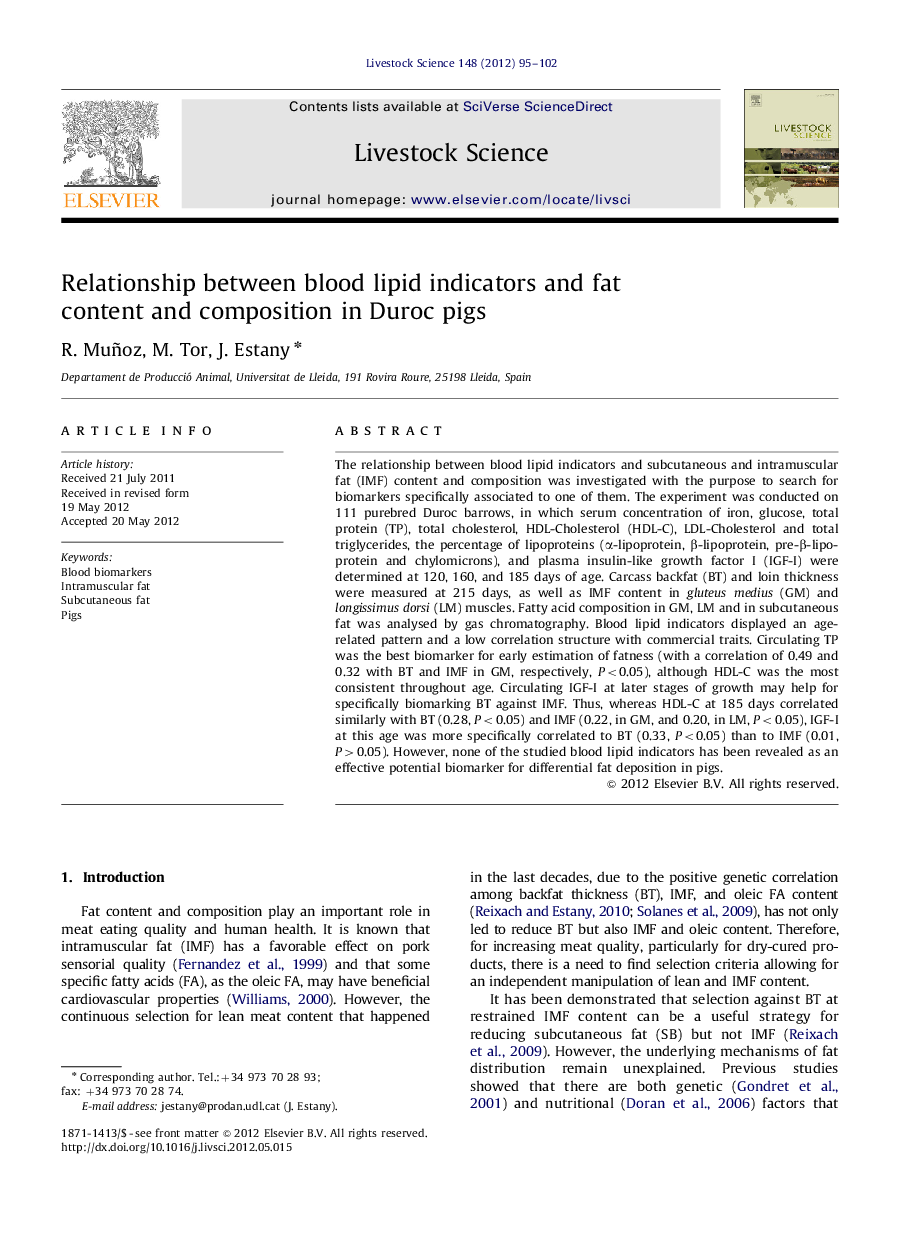 Relationship between blood lipid indicators and fat content and composition in Duroc pigs