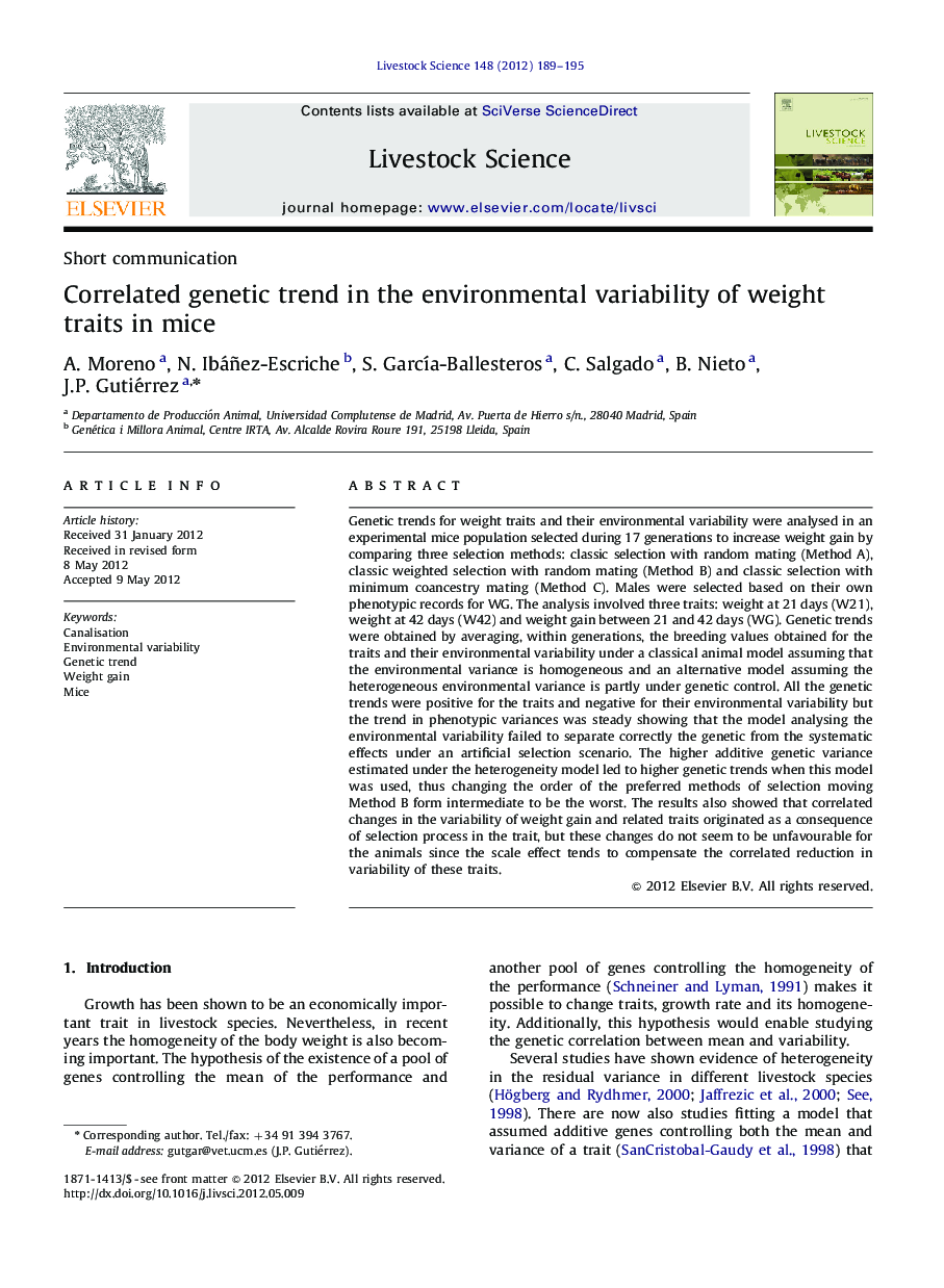 Correlated genetic trend in the environmental variability of weight traits in mice