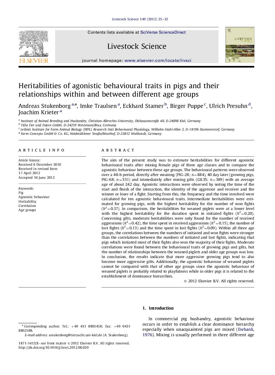 Heritabilities of agonistic behavioural traits in pigs and their relationships within and between different age groups