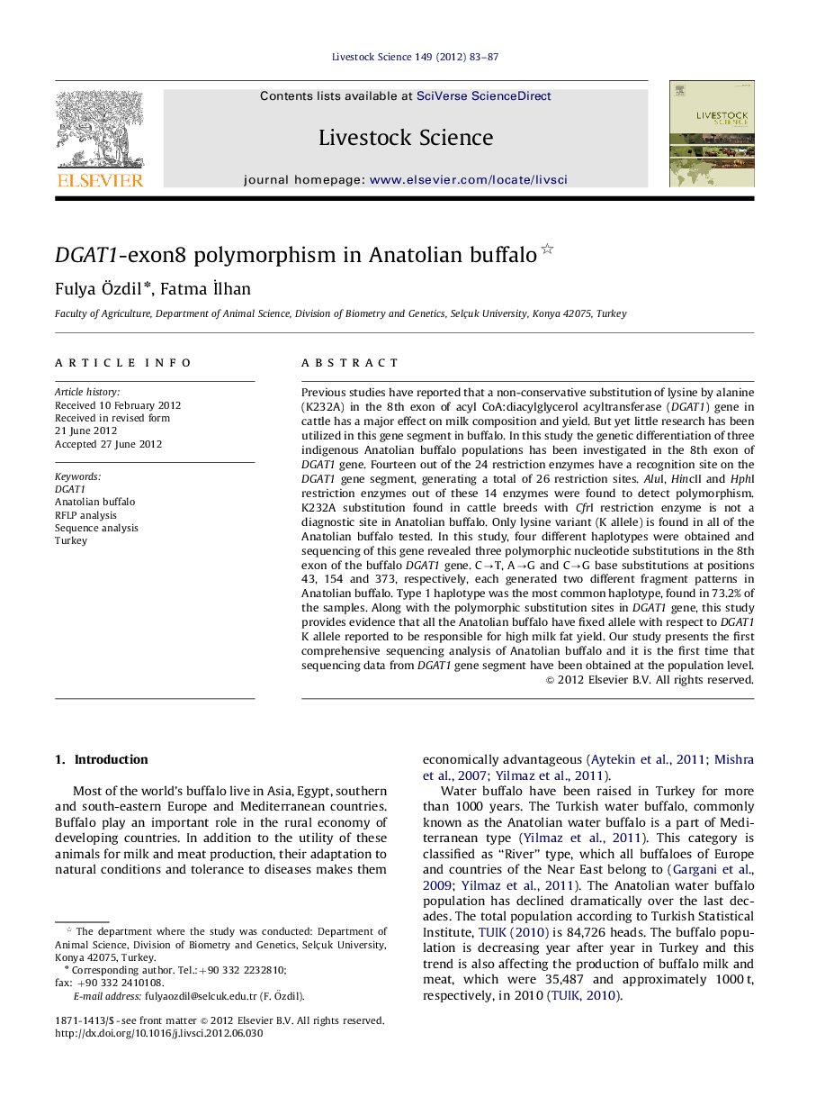 DGAT1-exon8 polymorphism in Anatolian buffalo