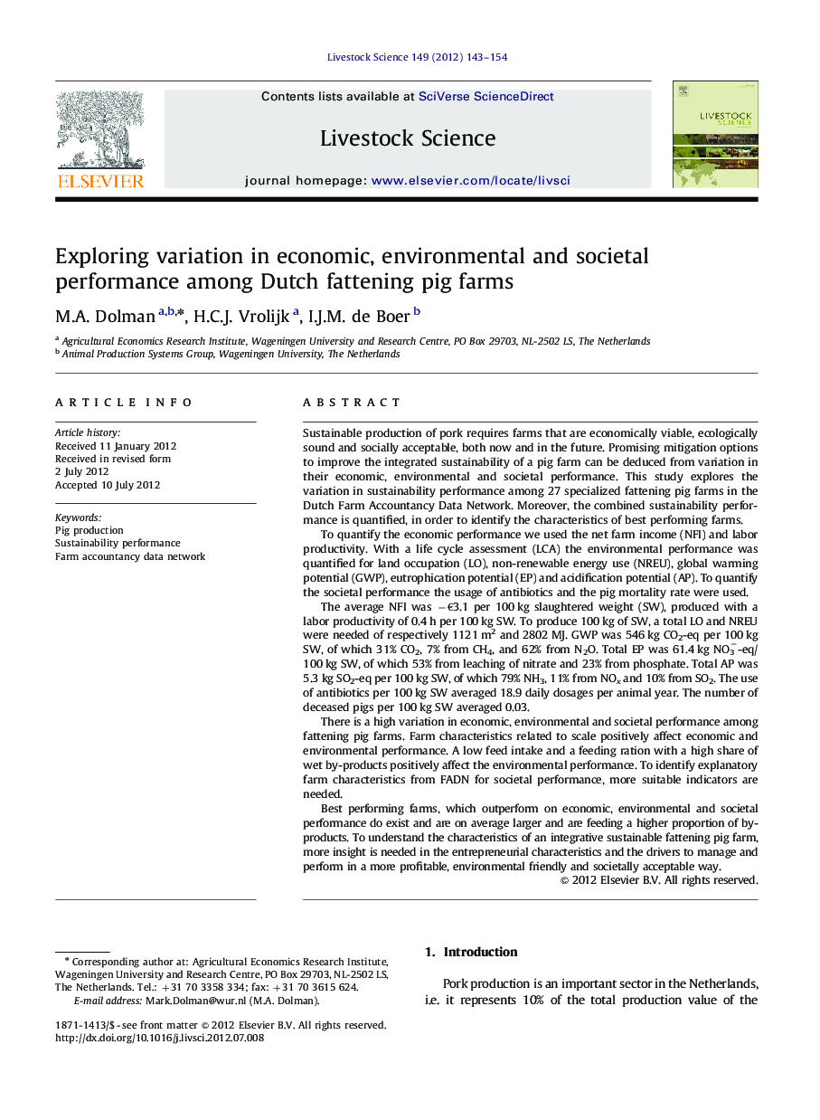 Exploring variation in economic, environmental and societal performance among Dutch fattening pig farms