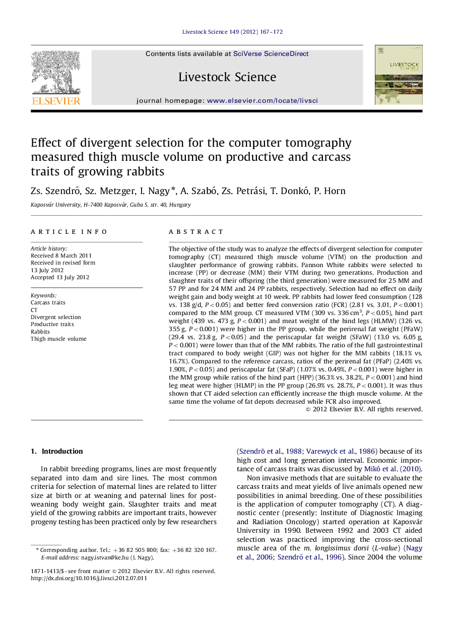 Effect of divergent selection for the computer tomography measured thigh muscle volume on productive and carcass traits of growing rabbits