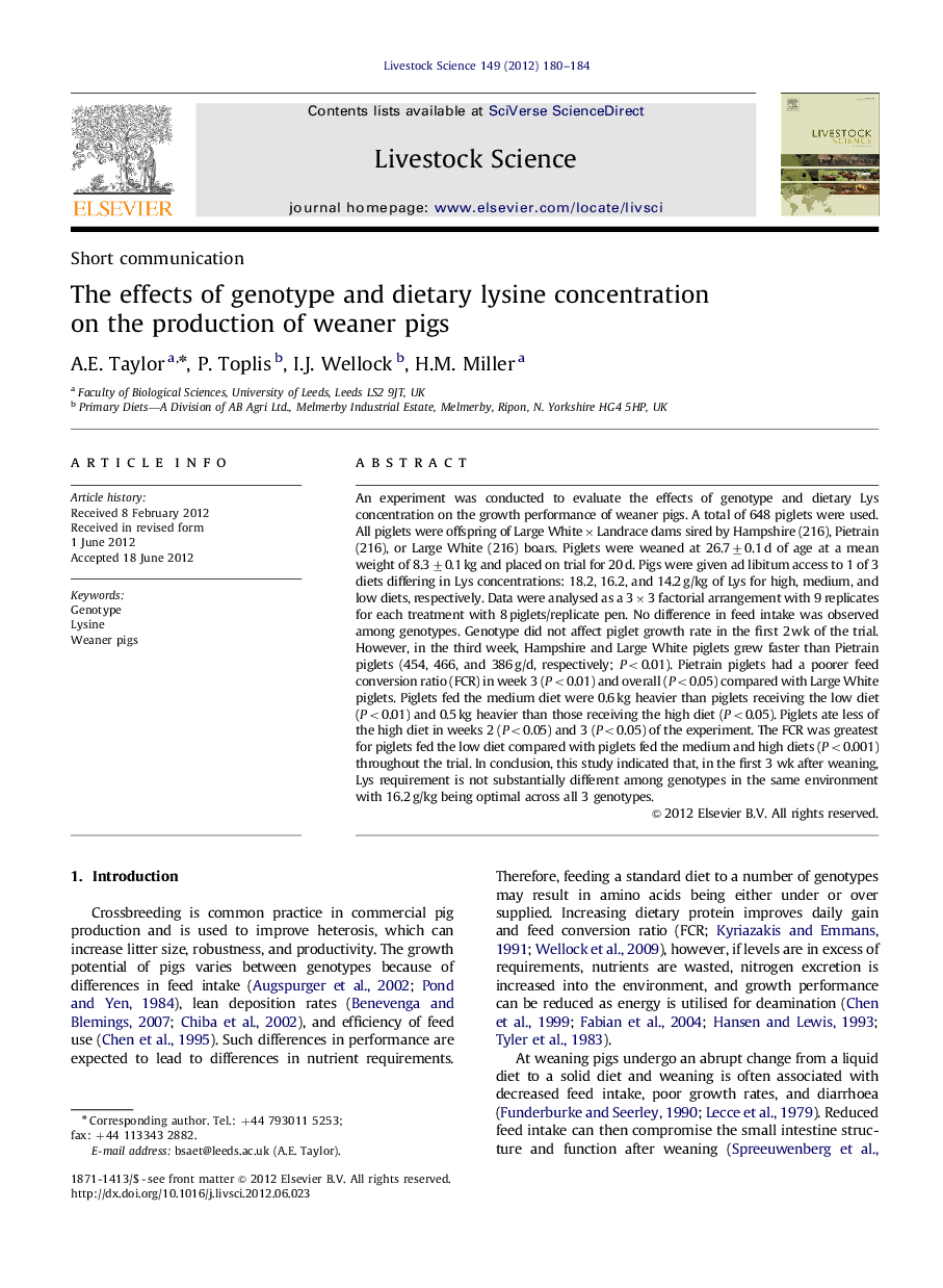 The effects of genotype and dietary lysine concentration on the production of weaner pigs