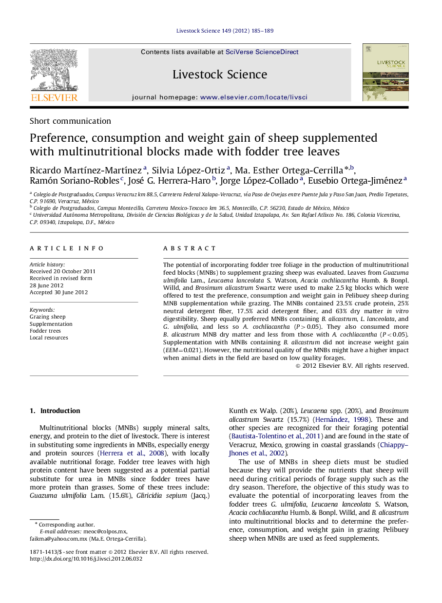 Preference, consumption and weight gain of sheep supplemented with multinutritional blocks made with fodder tree leaves