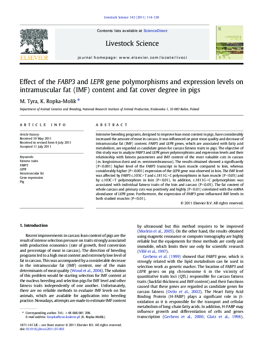 Effect of the FABP3 and LEPR gene polymorphisms and expression levels on intramuscular fat (IMF) content and fat cover degree in pigs