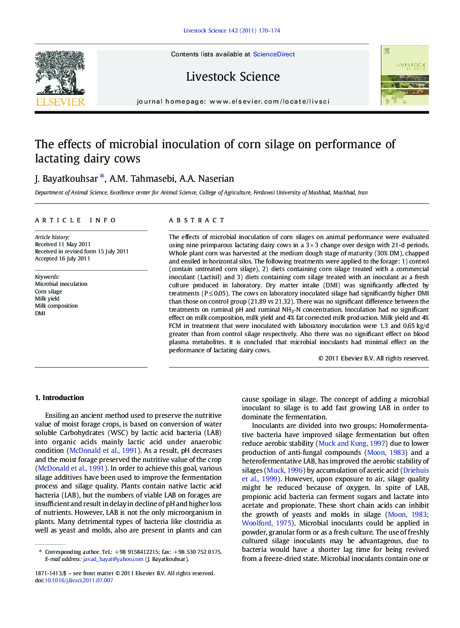 The effects of microbial inoculation of corn silage on performance of lactating dairy cows