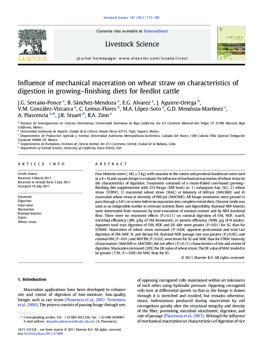 Influence of mechanical maceration on wheat straw on characteristics of digestion in growing-finishing diets for feedlot cattle