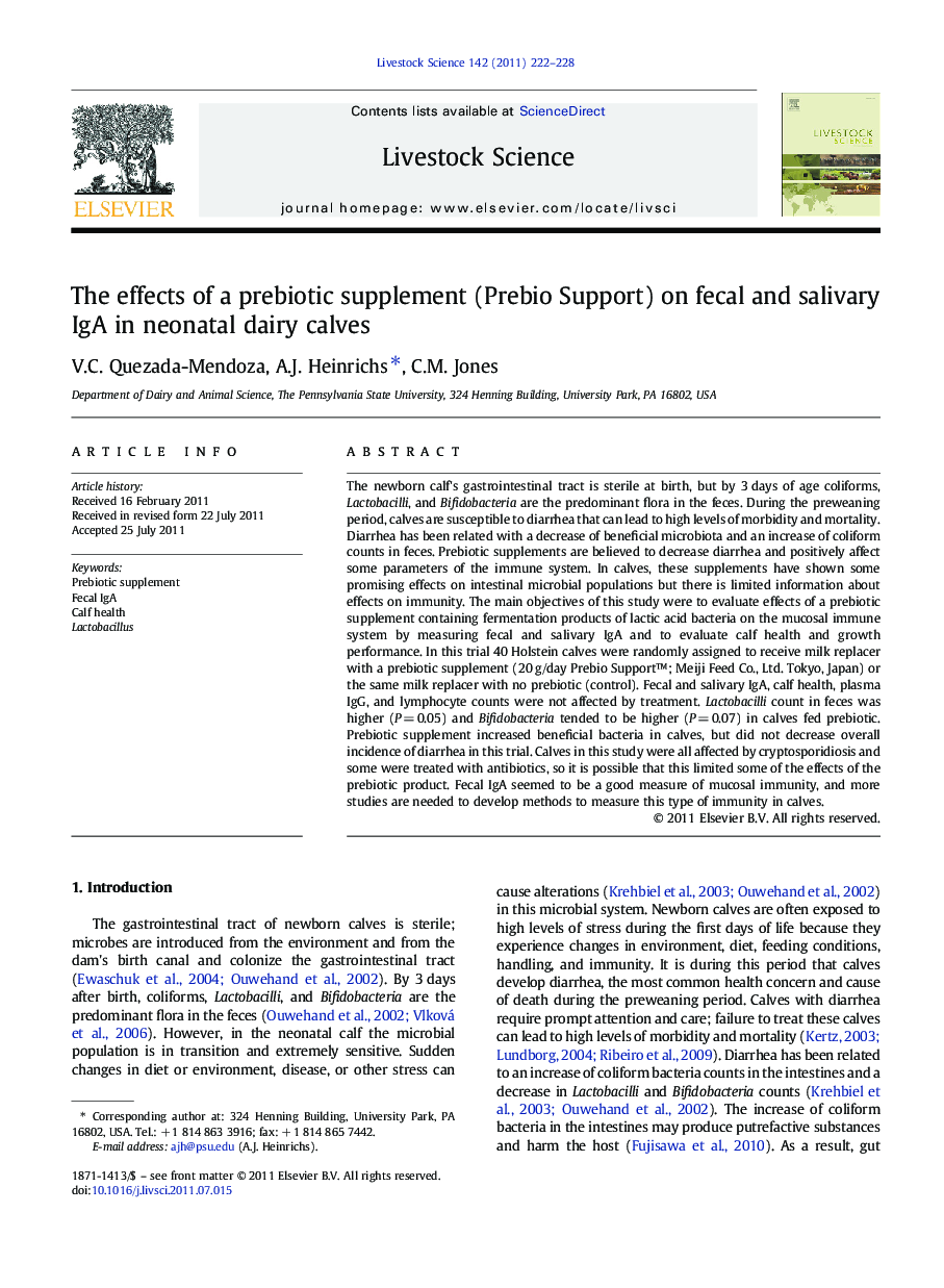 The effects of a prebiotic supplement (Prebio Support) on fecal and salivary IgA in neonatal dairy calves