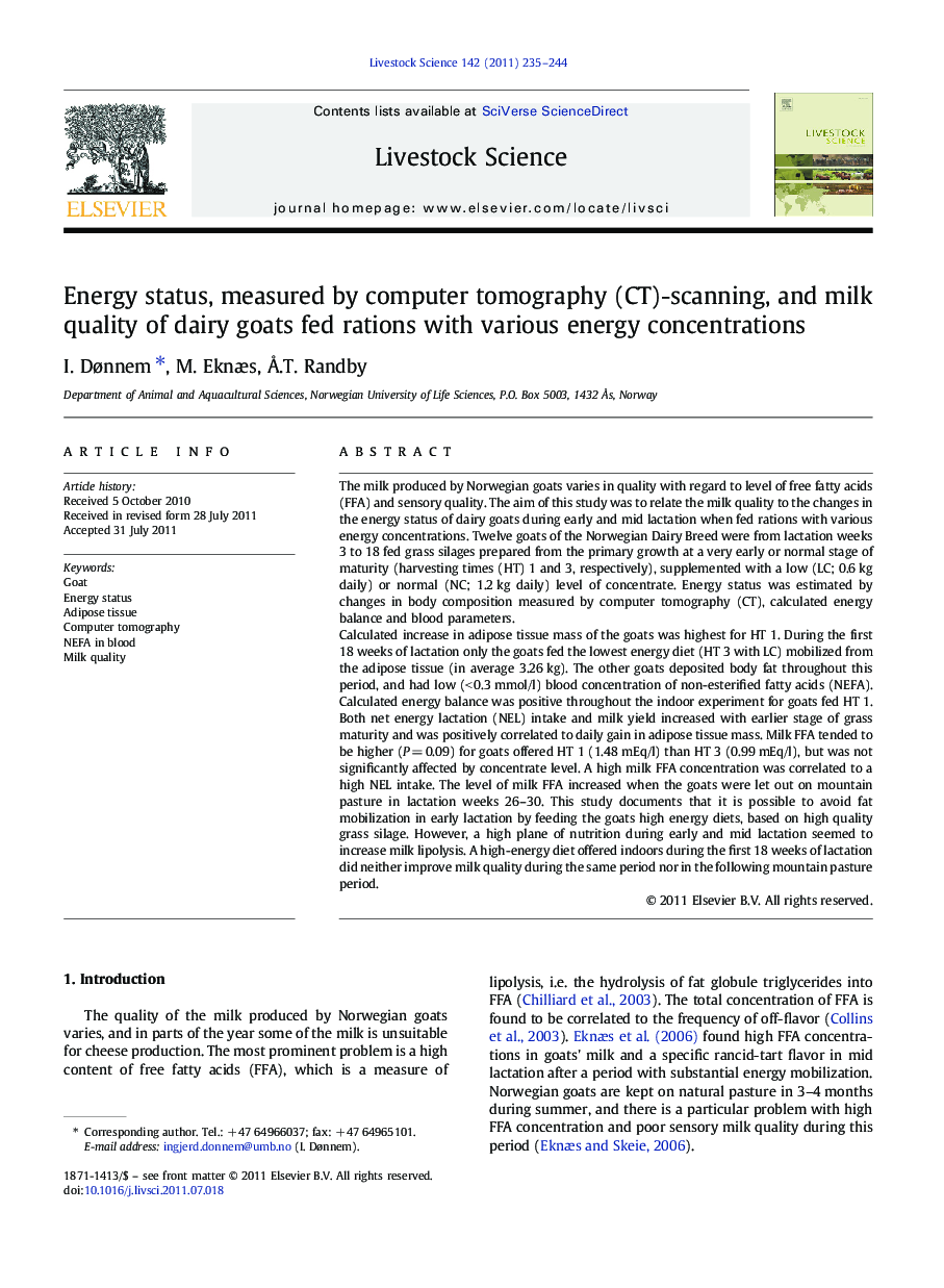 Energy status, measured by computer tomography (CT)-scanning, and milk quality of dairy goats fed rations with various energy concentrations