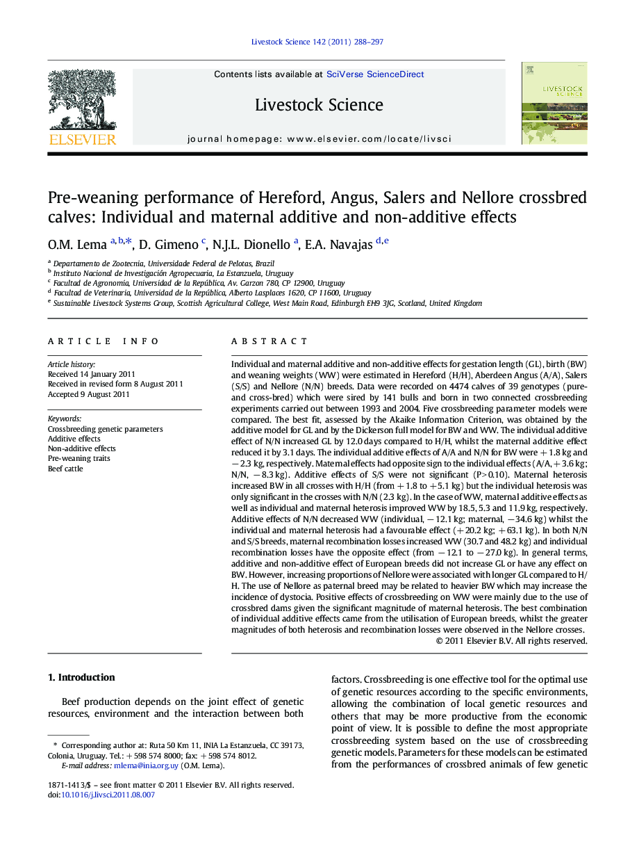 Pre-weaning performance of Hereford, Angus, Salers and Nellore crossbred calves: Individual and maternal additive and non-additive effects