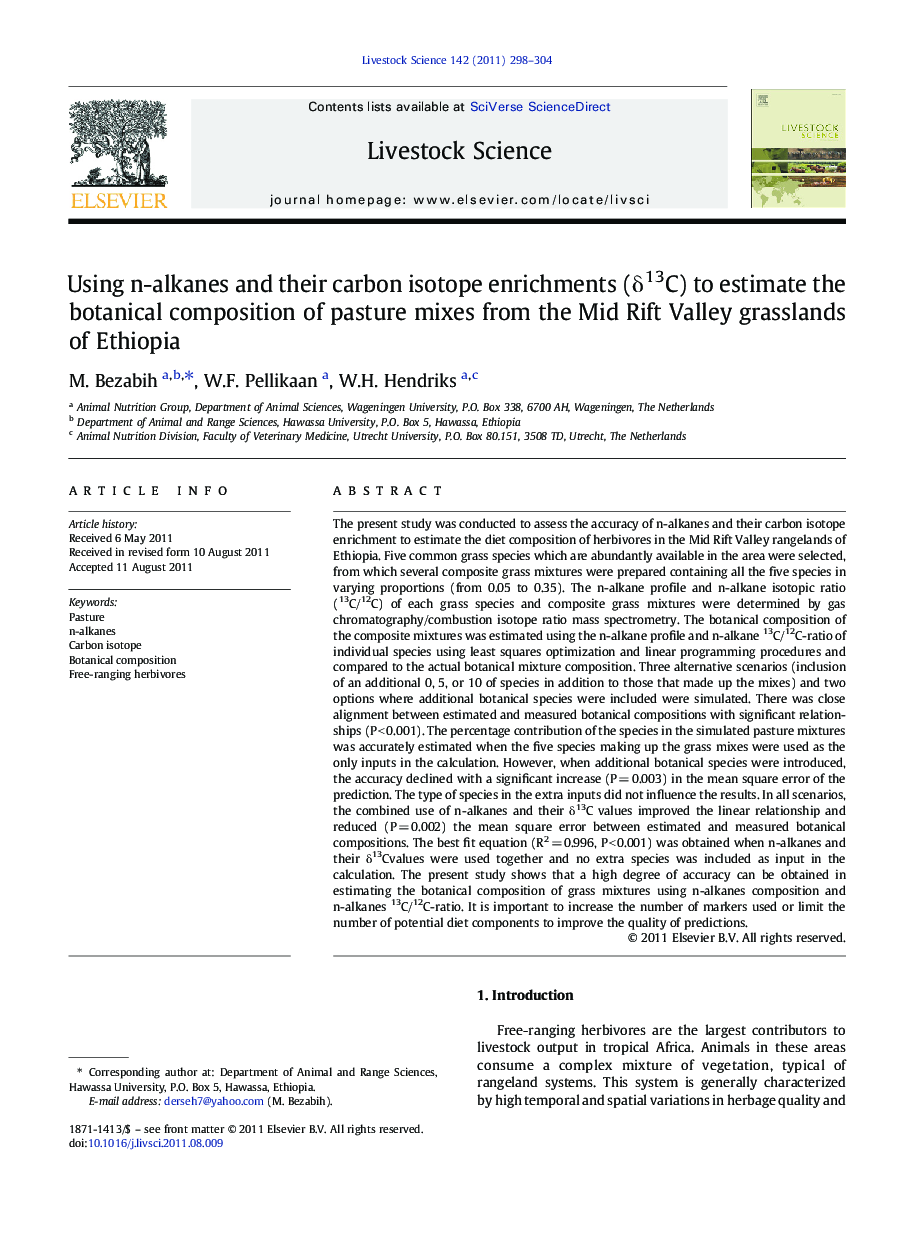 Using n-alkanes and their carbon isotope enrichments (Î´13C) to estimate the botanical composition of pasture mixes from the Mid Rift Valley grasslands of Ethiopia
