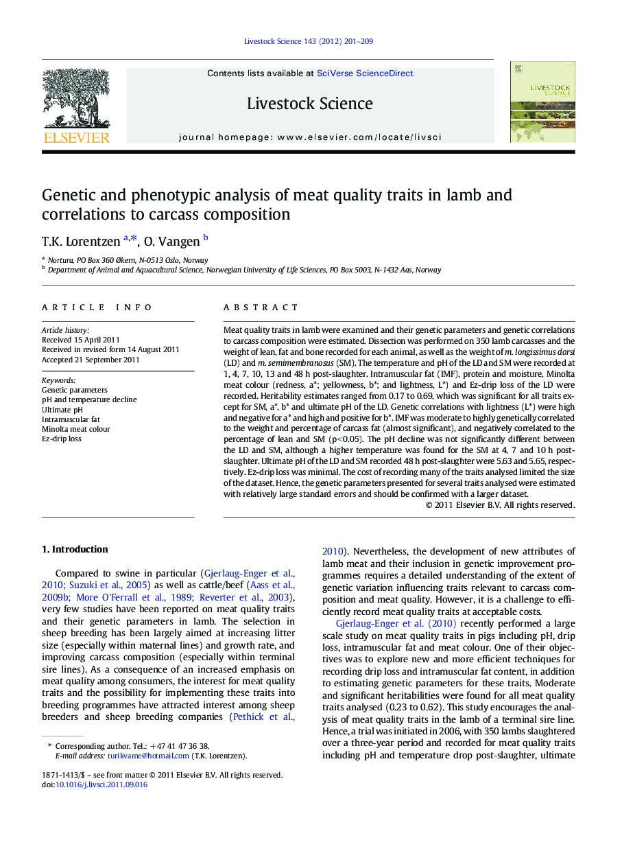 Genetic and phenotypic analysis of meat quality traits in lamb and correlations to carcass composition