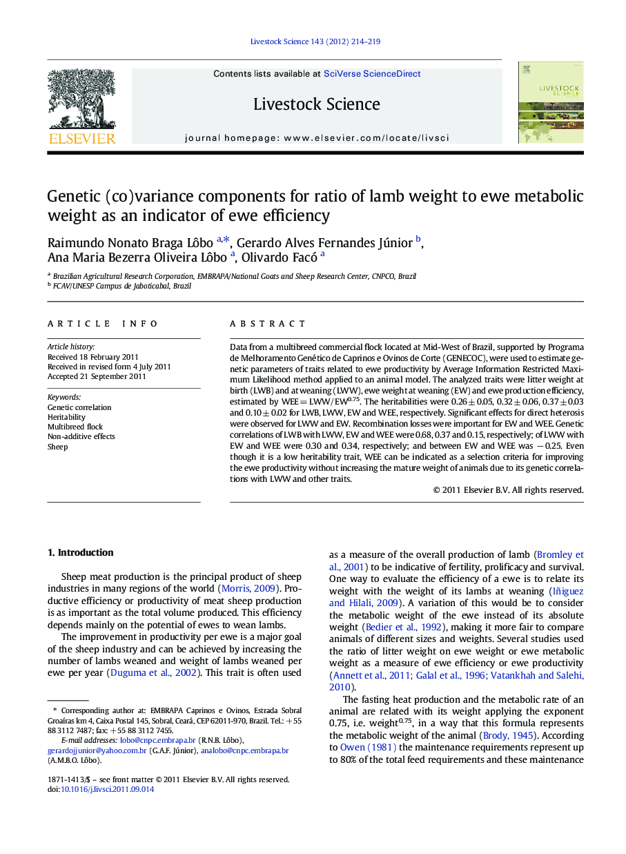 Genetic (co)variance components for ratio of lamb weight to ewe metabolic weight as an indicator of ewe efficiency