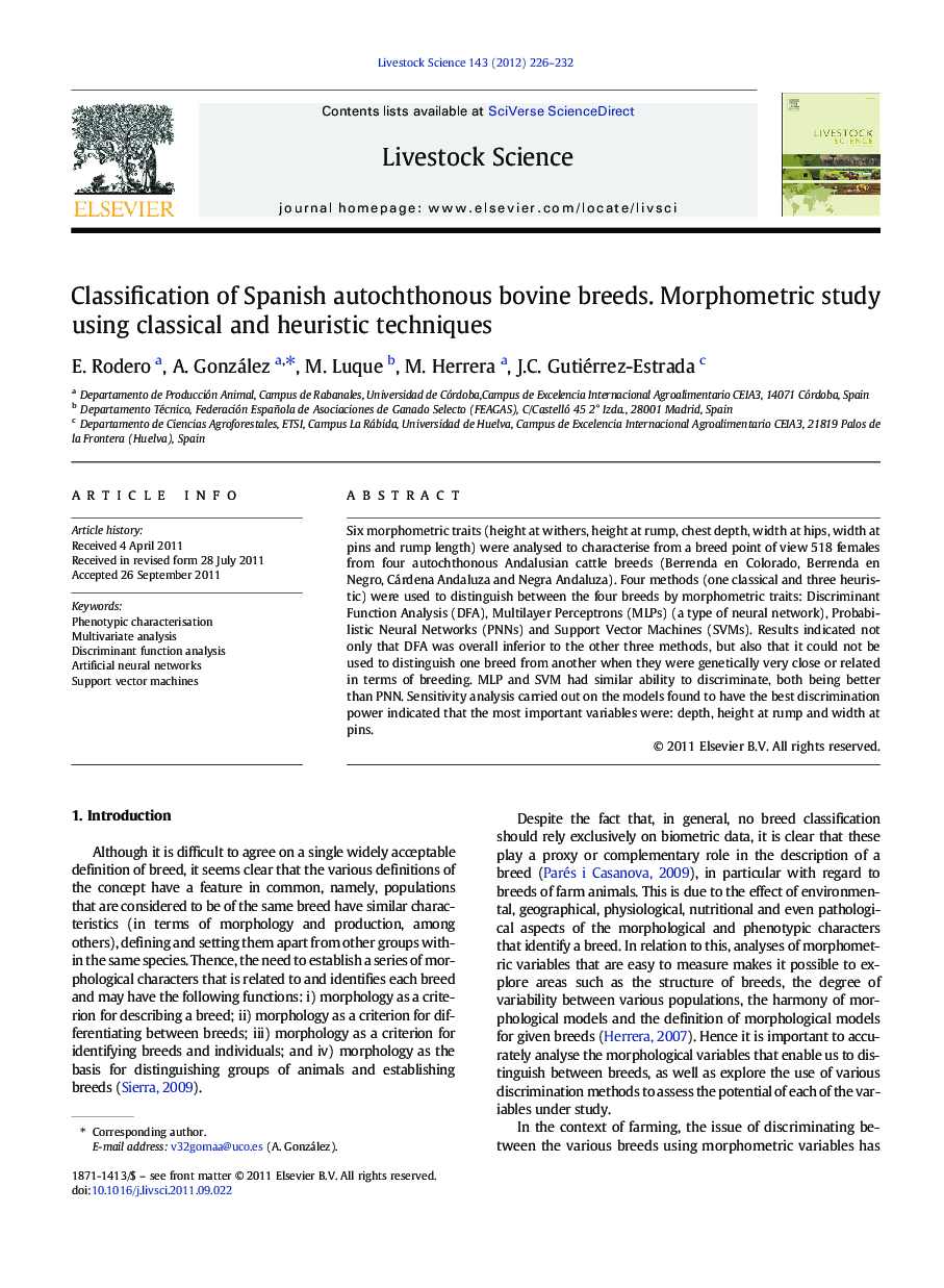 Classification of Spanish autochthonous bovine breeds. Morphometric study using classical and heuristic techniques