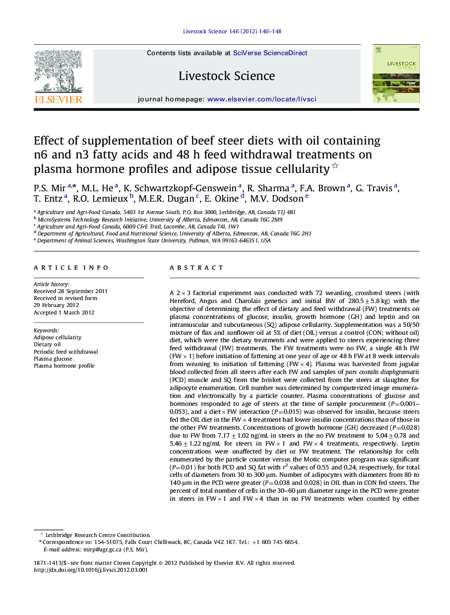 Effect of supplementation of beef steer diets with oil containing n6 and n3 fatty acids and 48Â h feed withdrawal treatments on plasma hormone profiles and adipose tissue cellularity