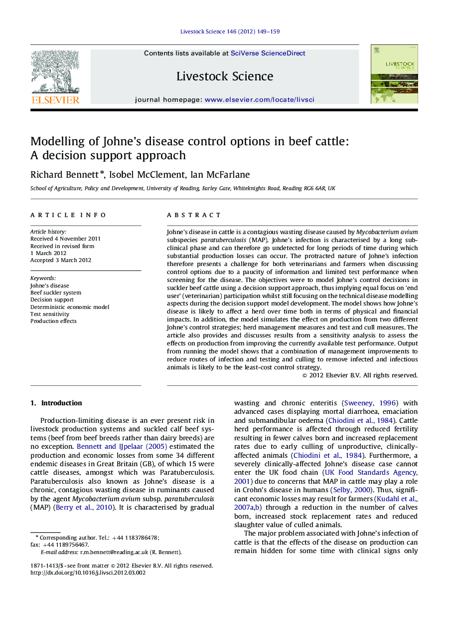 Modelling of Johne's disease control options in beef cattle: A decision support approach