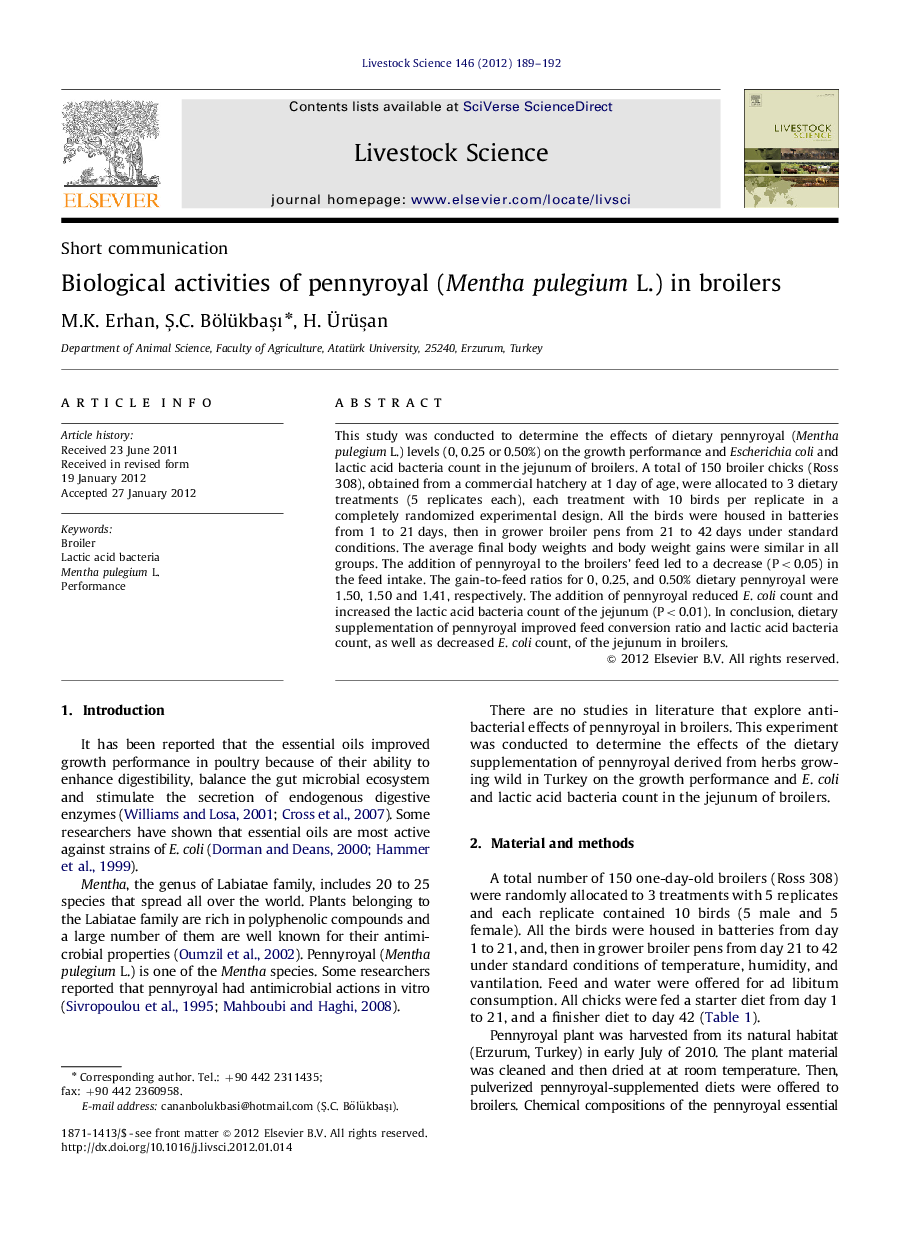 Biological activities of pennyroyal (Mentha pulegium L.) in broilers