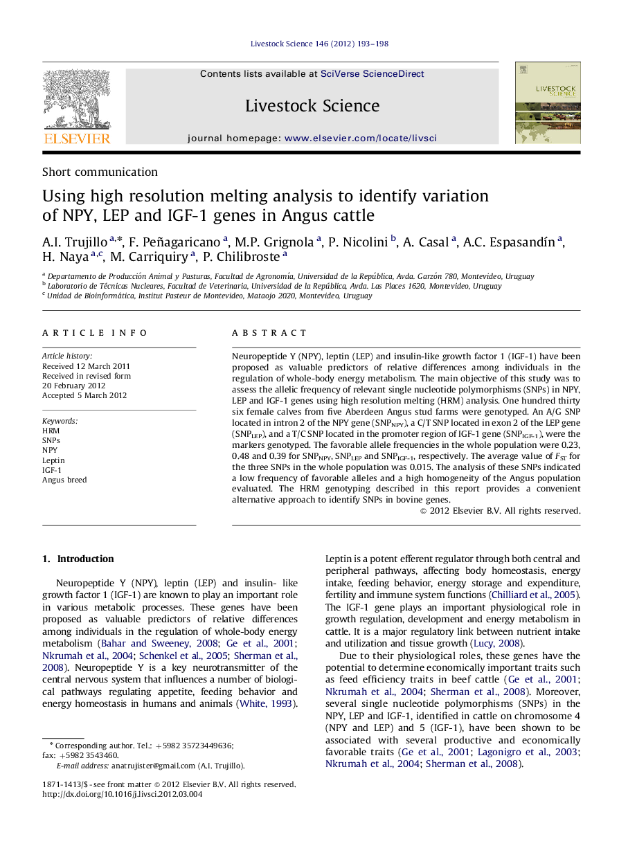 Using high resolution melting analysis to identify variation of NPY, LEP and IGF-1 genes in Angus cattle