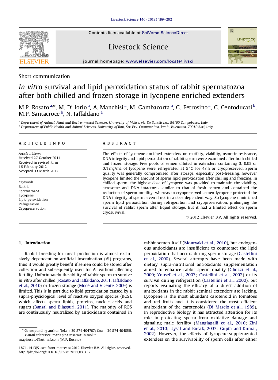 In vitro survival and lipid peroxidation status of rabbit spermatozoa after both chilled and frozen storage in lycopene enriched extenders