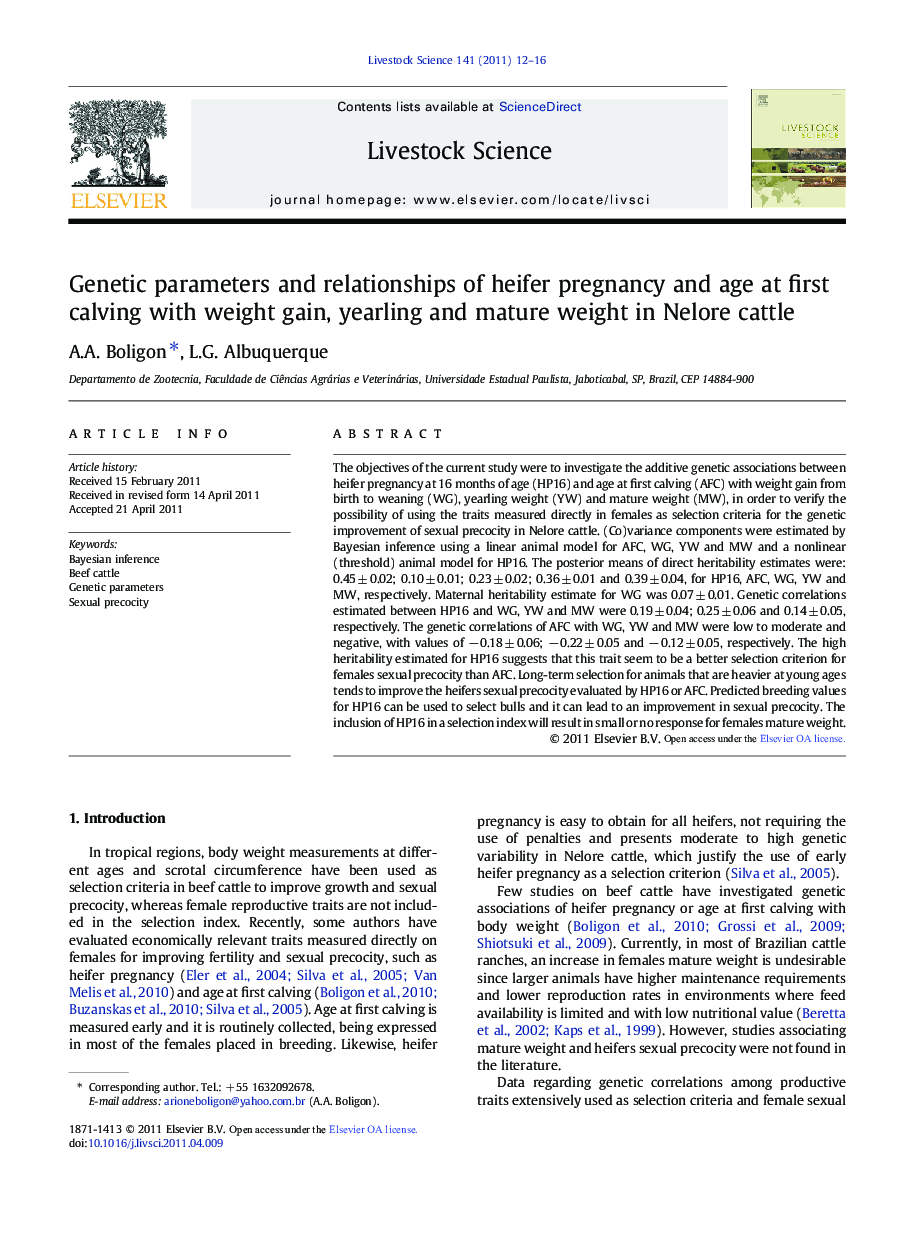 Genetic parameters and relationships of heifer pregnancy and age at first calving with weight gain, yearling and mature weight in Nelore cattle