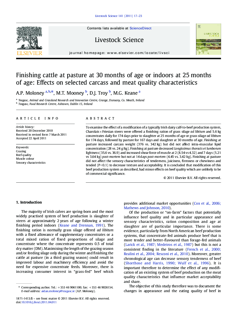 Finishing cattle at pasture at 30Â months of age or indoors at 25Â months of age: Effects on selected carcass and meat quality characteristics