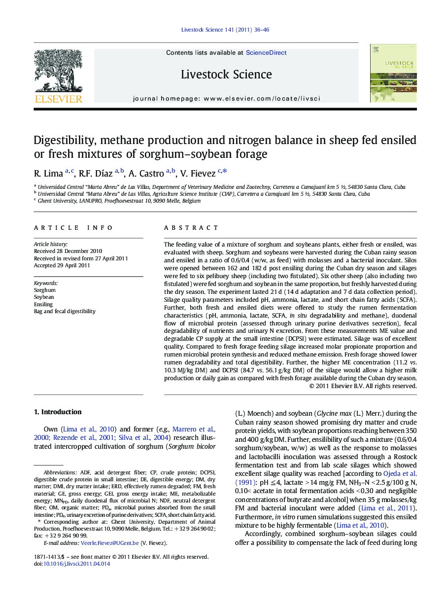 Digestibility, methane production and nitrogen balance in sheep fed ensiled or fresh mixtures of sorghum-soybean forage