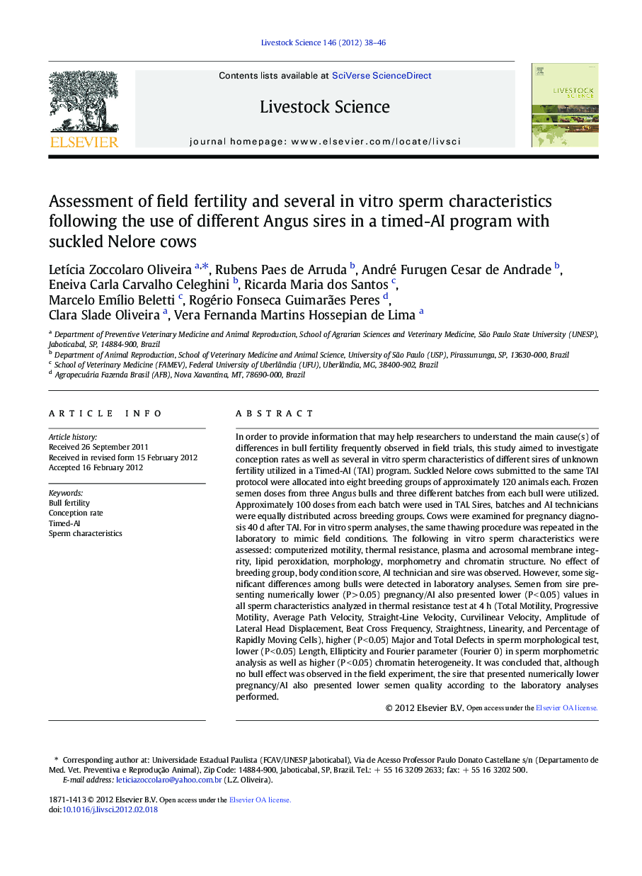Assessment of field fertility and several in vitro sperm characteristics following the use of different Angus sires in a timed-AI program with suckled Nelore cows