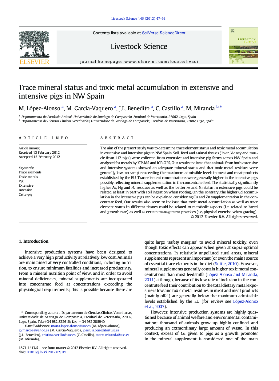 Trace mineral status and toxic metal accumulation in extensive and intensive pigs in NW Spain