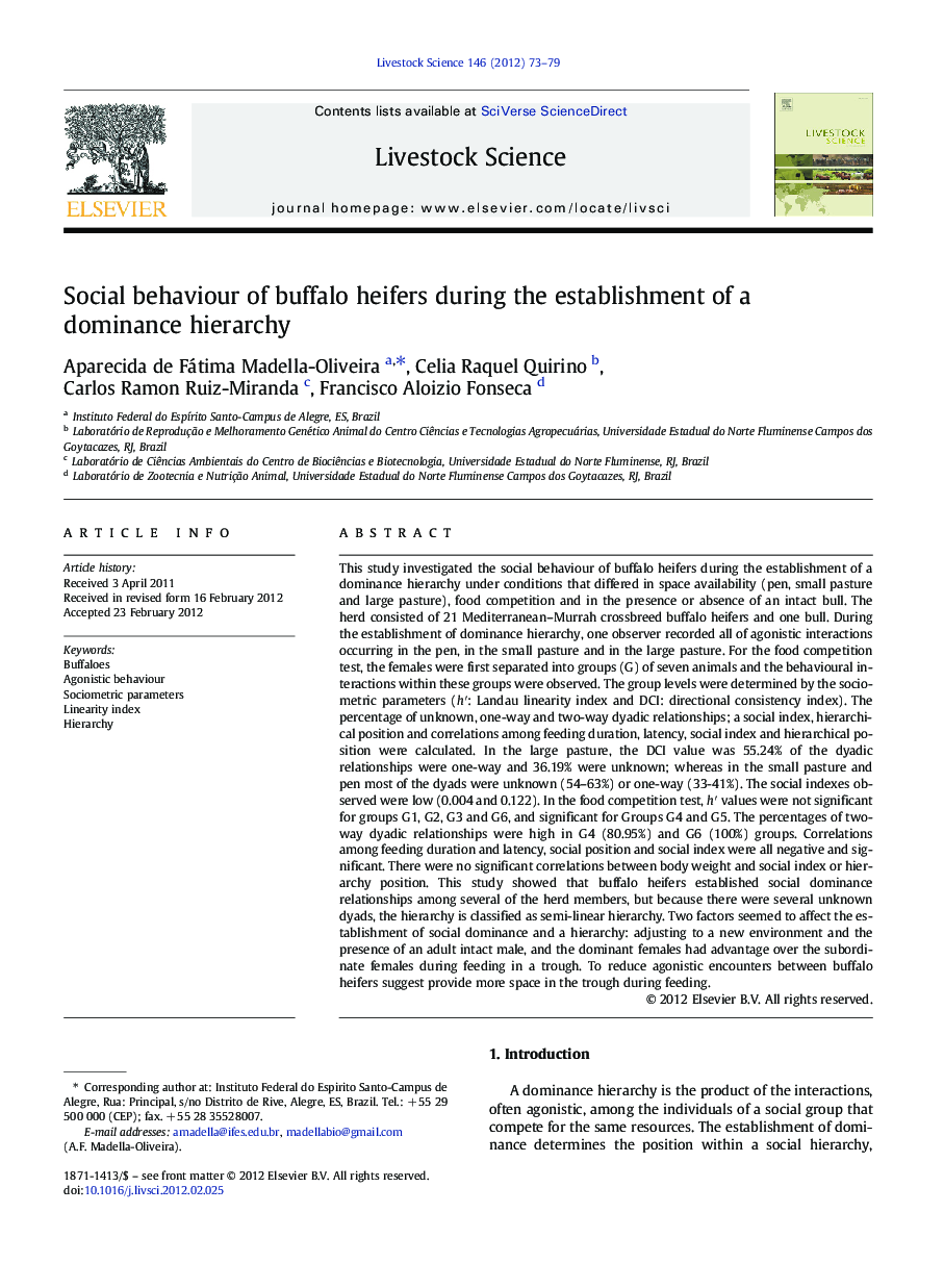 Social behaviour of buffalo heifers during the establishment of a dominance hierarchy