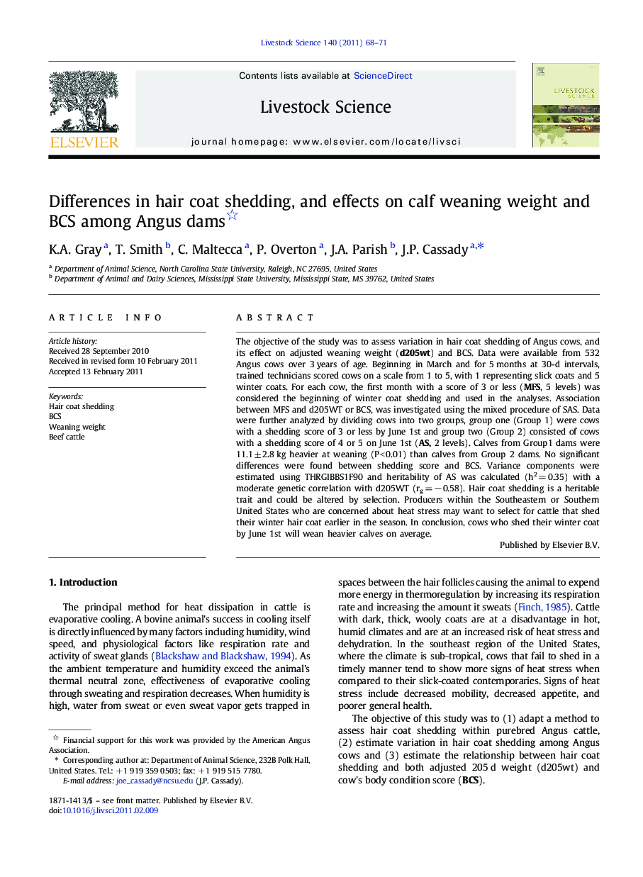 Differences in hair coat shedding, and effects on calf weaning weight and BCS among Angus dams