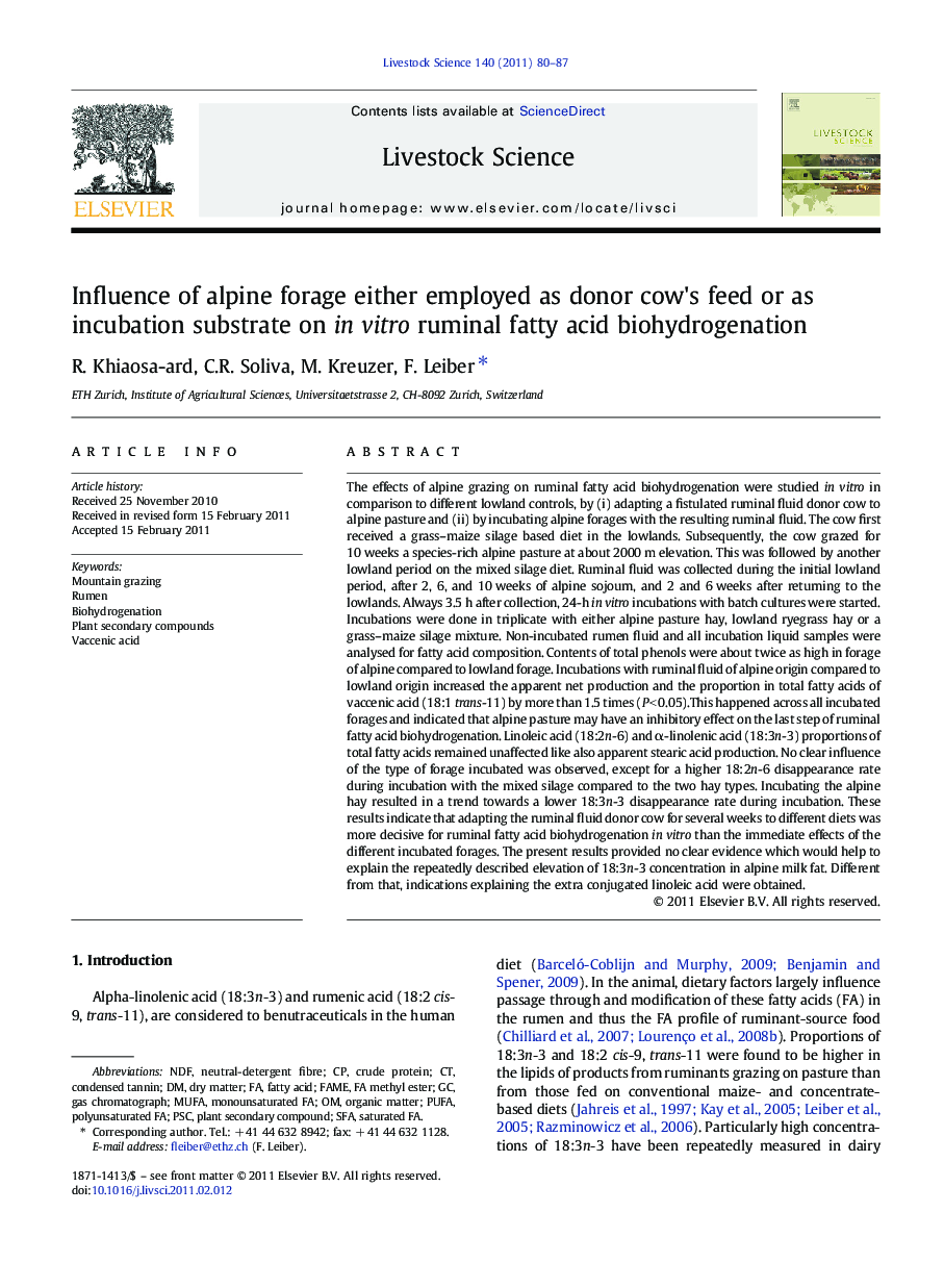 Influence of alpine forage either employed as donor cow's feed or as incubation substrate on in vitro ruminal fatty acid biohydrogenation