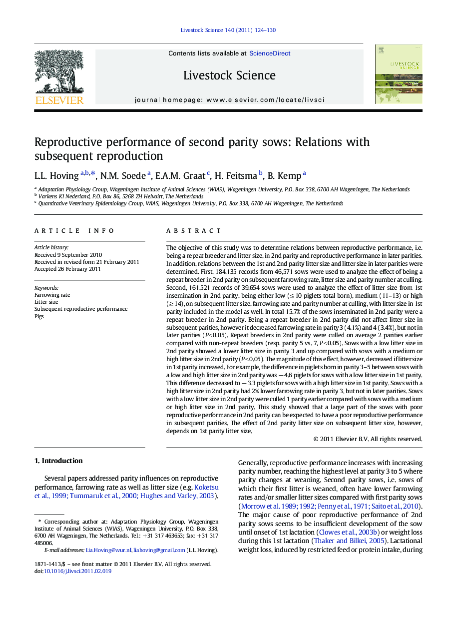 Reproductive performance of second parity sows: Relations with subsequent reproduction