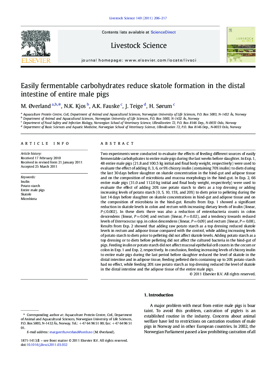 Easily fermentable carbohydrates reduce skatole formation in the distal intestine of entire male pigs