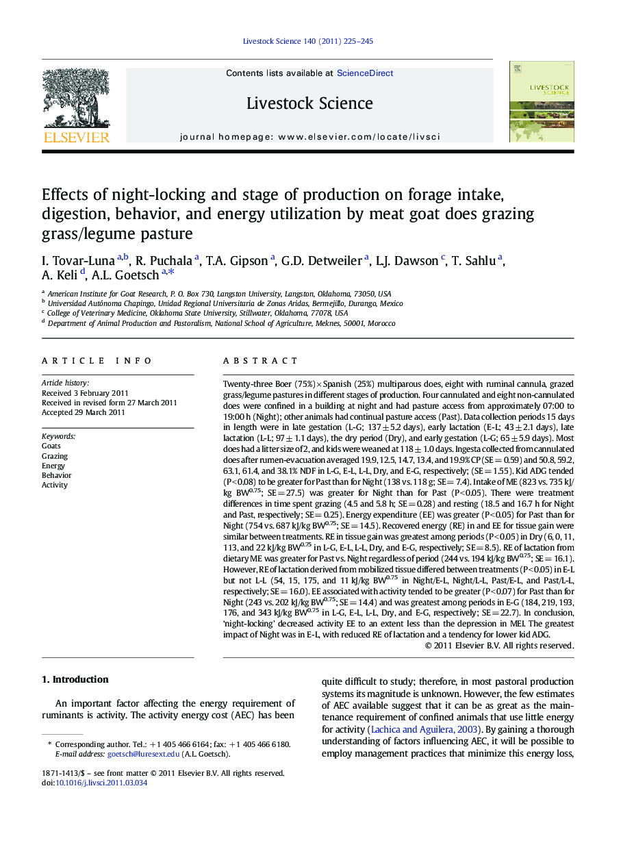 Effects of night-locking and stage of production on forage intake, digestion, behavior, and energy utilization by meat goat does grazing grass/legume pasture