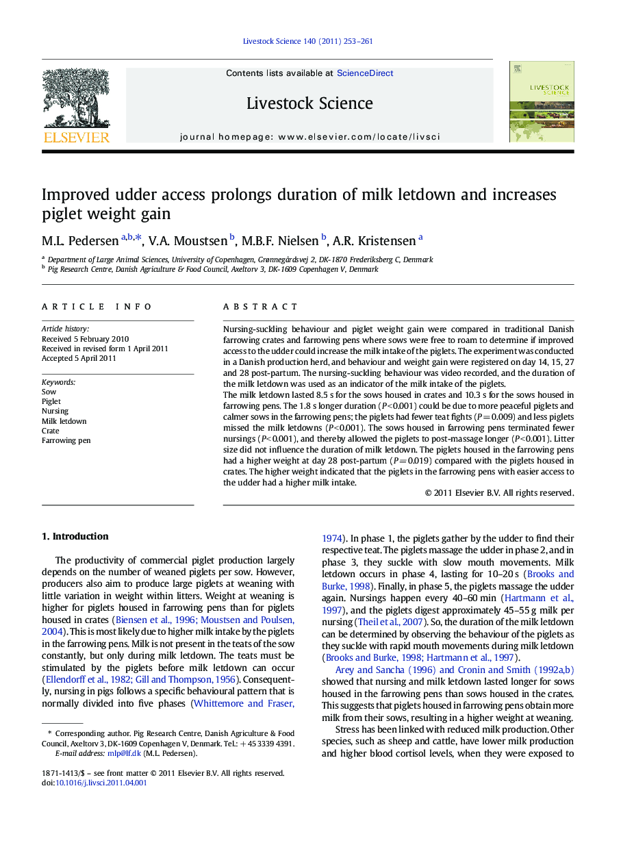 Improved udder access prolongs duration of milk letdown and increases piglet weight gain