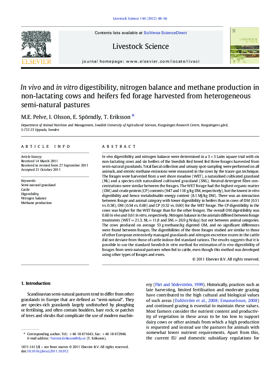 In vivo and in vitro digestibility, nitrogen balance and methane production in non-lactating cows and heifers fed forage harvested from heterogeneous semi-natural pastures