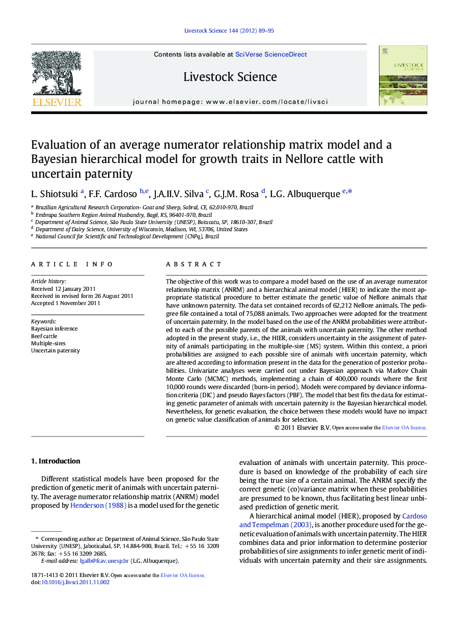 Evaluation of an average numerator relationship matrix model and a Bayesian hierarchical model for growth traits in Nellore cattle with uncertain paternity