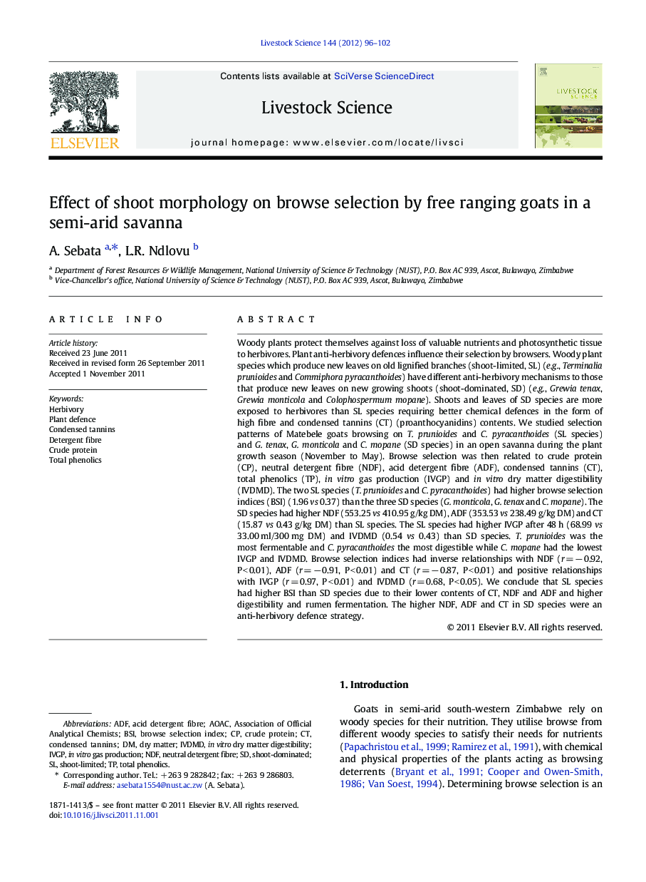 Effect of shoot morphology on browse selection by free ranging goats in a semi-arid savanna