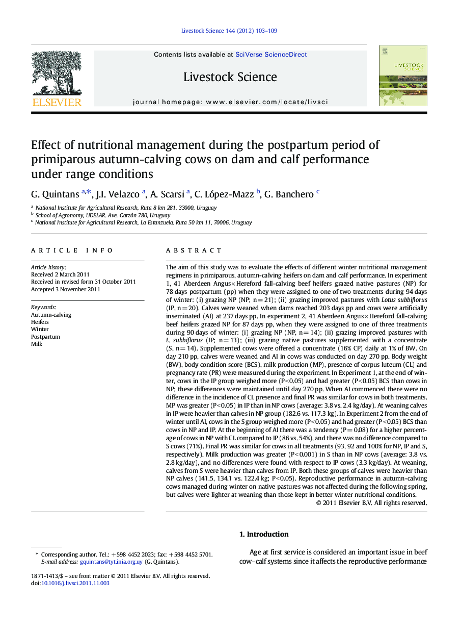 Effect of nutritional management during the postpartum period of primiparous autumn-calving cows on dam and calf performance under range conditions